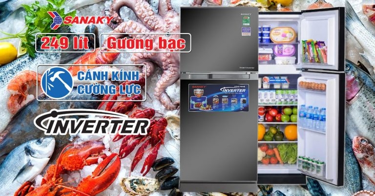 Tủ lạnh Sanaky Inverter 249 Lít VH-249KG kính cường lực màu gương bạc NEW