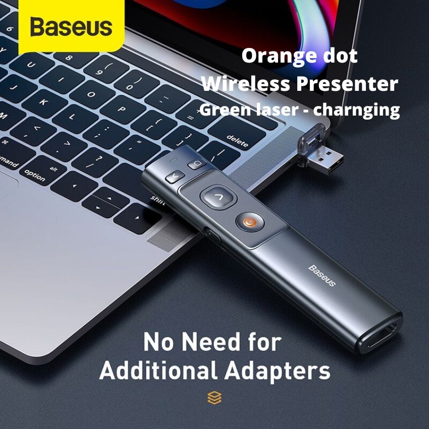 Bút Laser trình chiếu Baseus Orange Dot Wireless Presenter Green Lasercharging cho Laptop Macbook (100m. 2.4Ghz USBType C Receiver, Wireless Remote Control)
