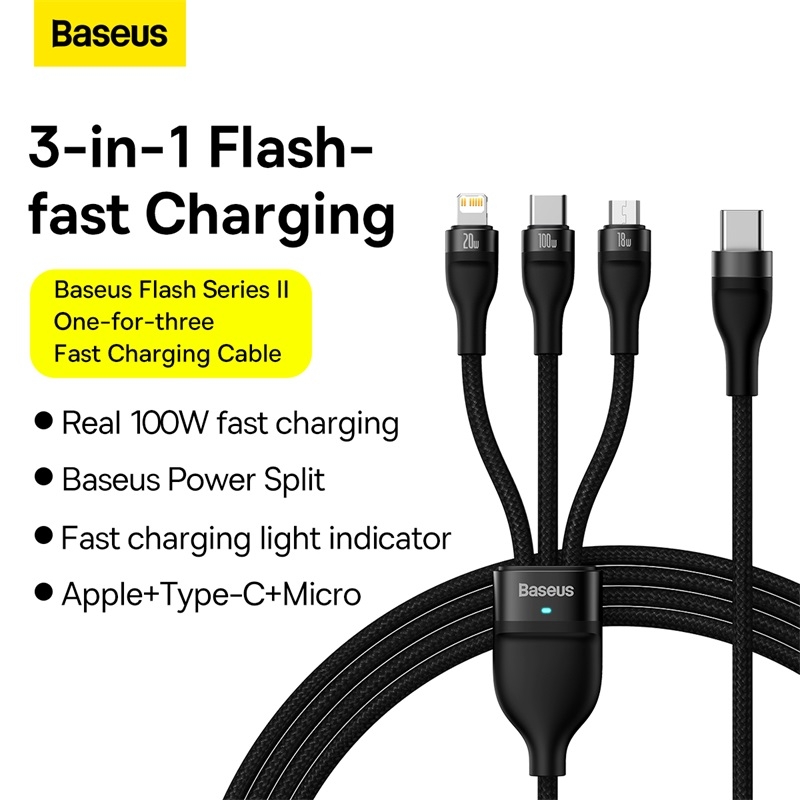 Cáp sạc nhanh 3 in 1 USB-C to M+L+C 100W Baseus Flash Series Ⅱ One-for ...