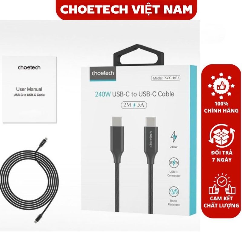 Cáp sạc nhanh Type C to Type C 240w Choetech XCC-10 Series (Hàng chính hãng)