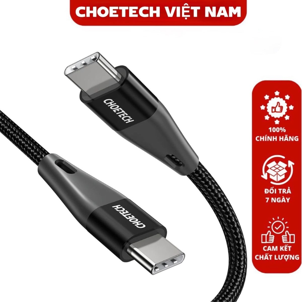 Cáp sạc nhanh và truyền dữ liệu Type C to Type C 60W Choetech XCC-100 Series (20V/3A, 60W, Power Delivery, QC3.0 Quick Charge Cable)- Hàng chính hãng