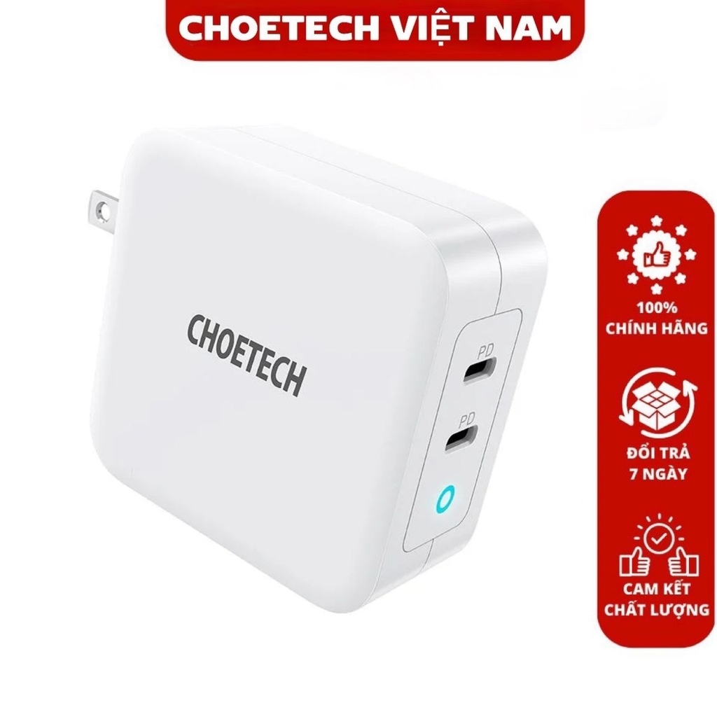 Củ sạc Gan 100w 2 cổng Type C mã PD6008 thương hiệu Choetech (Hàng chính hãng)