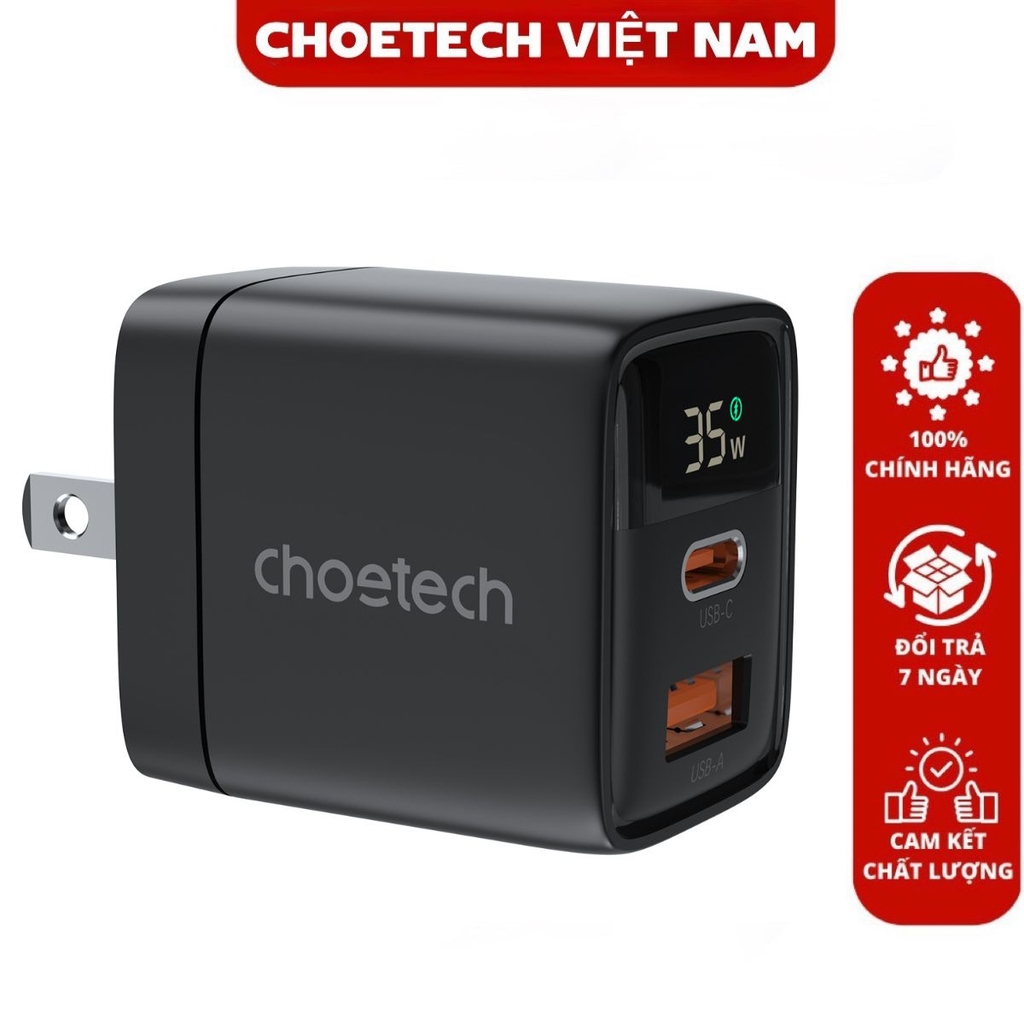 Củ sạc nhanh 35W 2 cổng Usb A+ Type C Choetech PD6052 có màn hình LED hiển thị thông số sạc (Hàng chính hãng)