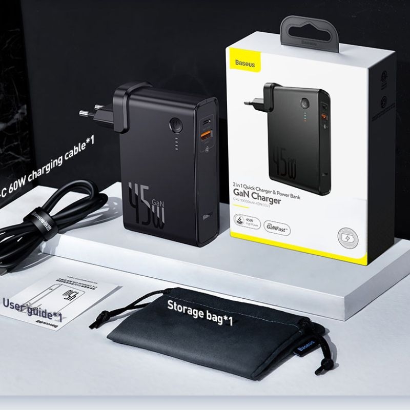 Củ sạc nhanh kiêm pin sạc dự phòng Baseus GaN Power Station 45W 2 in 1 PDQC3.0 (10000mAh, Type C USB Quick Charge,Travel Charger& Powerbank)