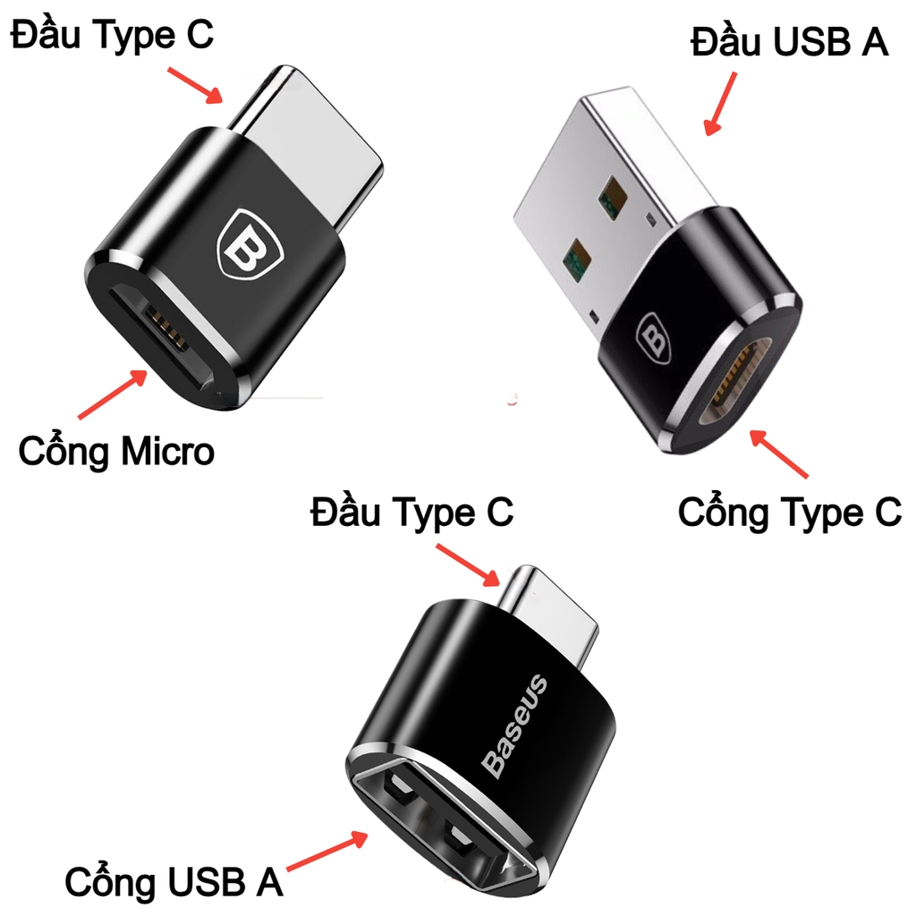 Đầu chuyển OTG Baseus Mini (3 phiên bản Type C female to USB, USB female to Type C và Micro female to Type C)