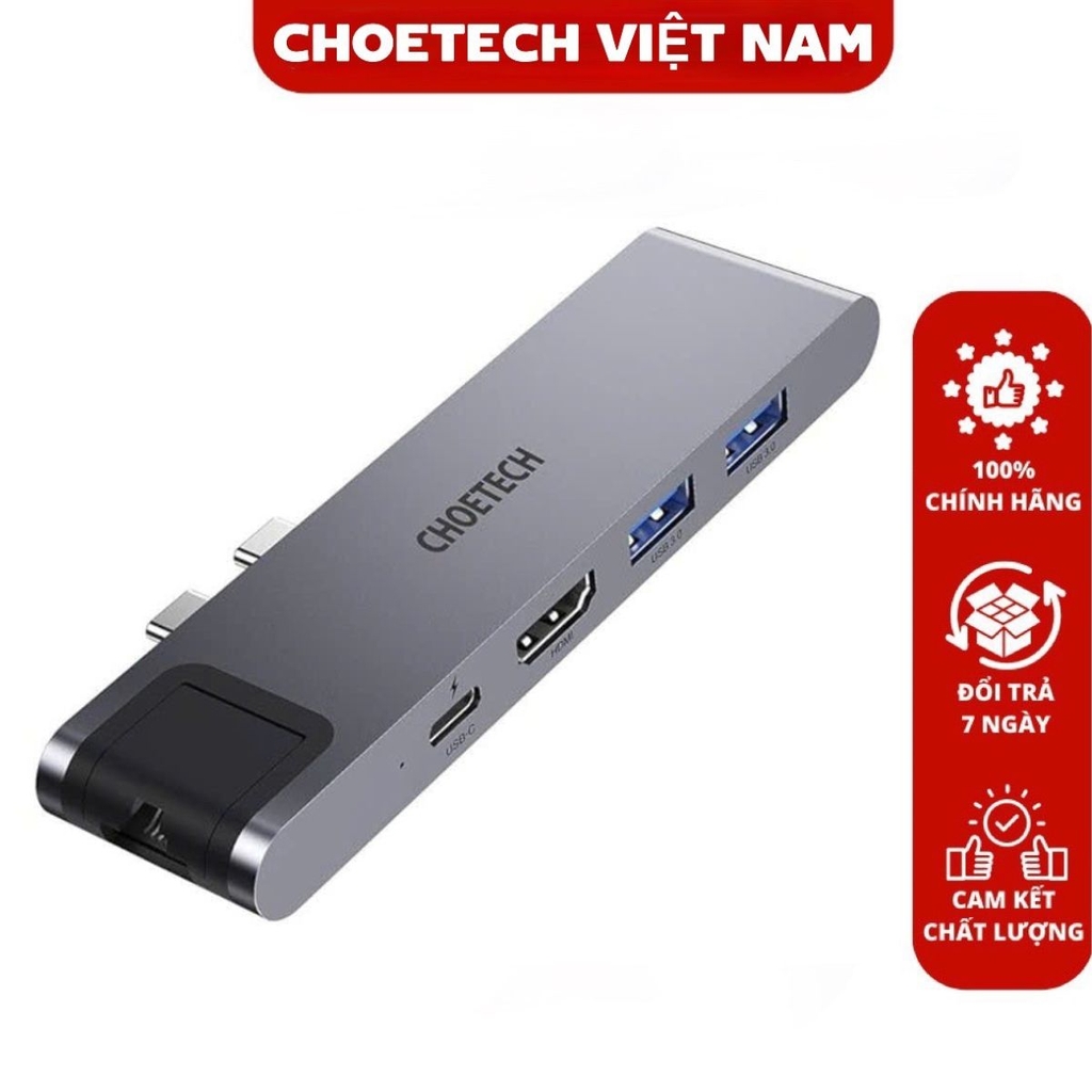 Hub chuyển đổi 7 in 1 Choetech M24 (2 Type C to HDMI, RJ45, PD, SD,TF, USB 3.0 x 2) – Hàng chính hãng