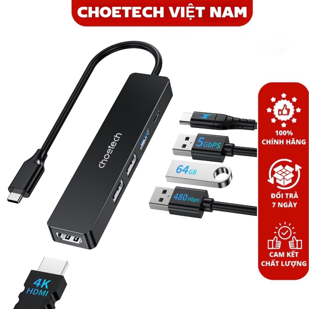 Hub chuyển đổi 5 in1 Choetech M80 (Type C to HDMI 4K30Hz + USBx 3 + PD100W)- Hàng chính hãng