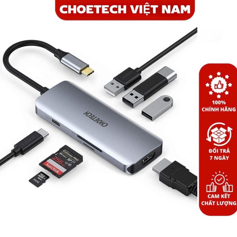 Hub chuyển đổi Type C 7 in 1 thương hiệu Choetech mã HUB-M19 (Type-C to HDMI+ USB*3+ PD 100W +SD/TF)- Hàng chính hãng
