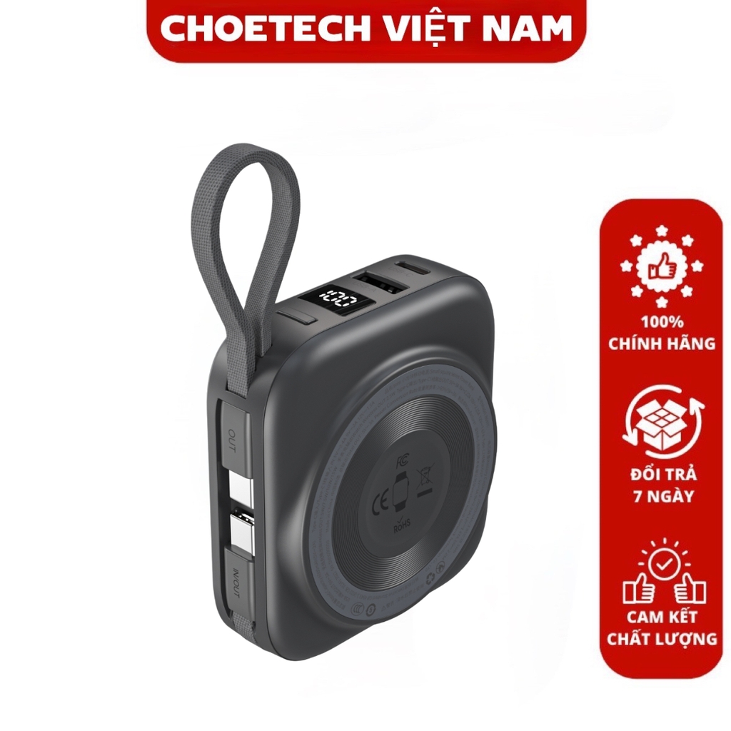 Pin dự phòng đa năng 2 in 1 Choetech B697C công suất 22.5W tích hợp 2 cáp Type C dùng sạc cho điện thoại và Apple Watch (Hàng chính hãng)