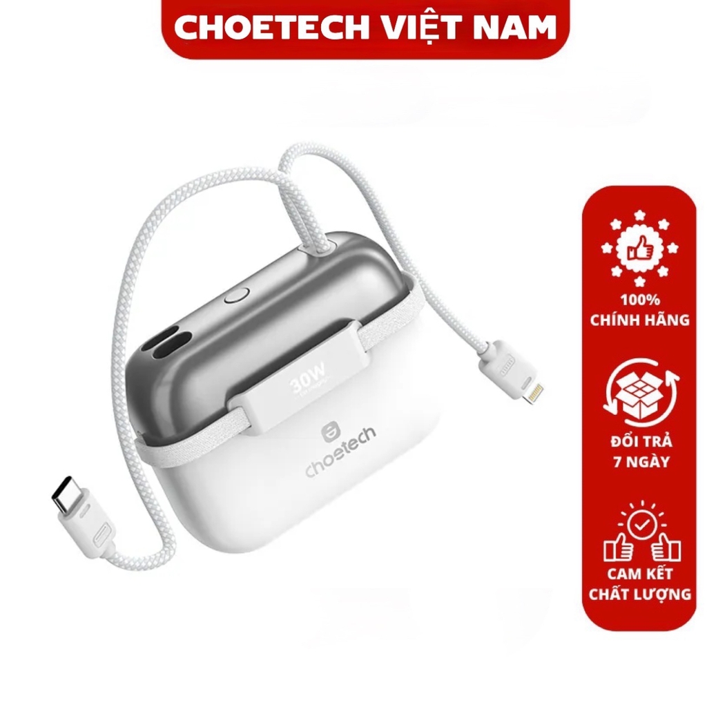 Pin Dự Phòng Mini 30W Choetech B812 Dung Lượng 10000mAh Tích Hợp Cáp Type C Và Lightning Dùng Cho Tất Cả Dòng Điện Thoại (Hàng chính hãng)