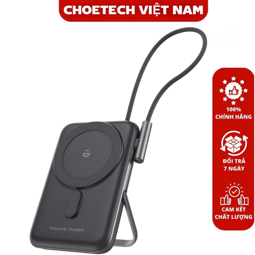 Pin dự phòng Magsafe kèm chân đỡ và tích hợp dây cáp Type C Choetech B735 công suất 20w dung lượng 10000mAh (Hàng chính hãng)