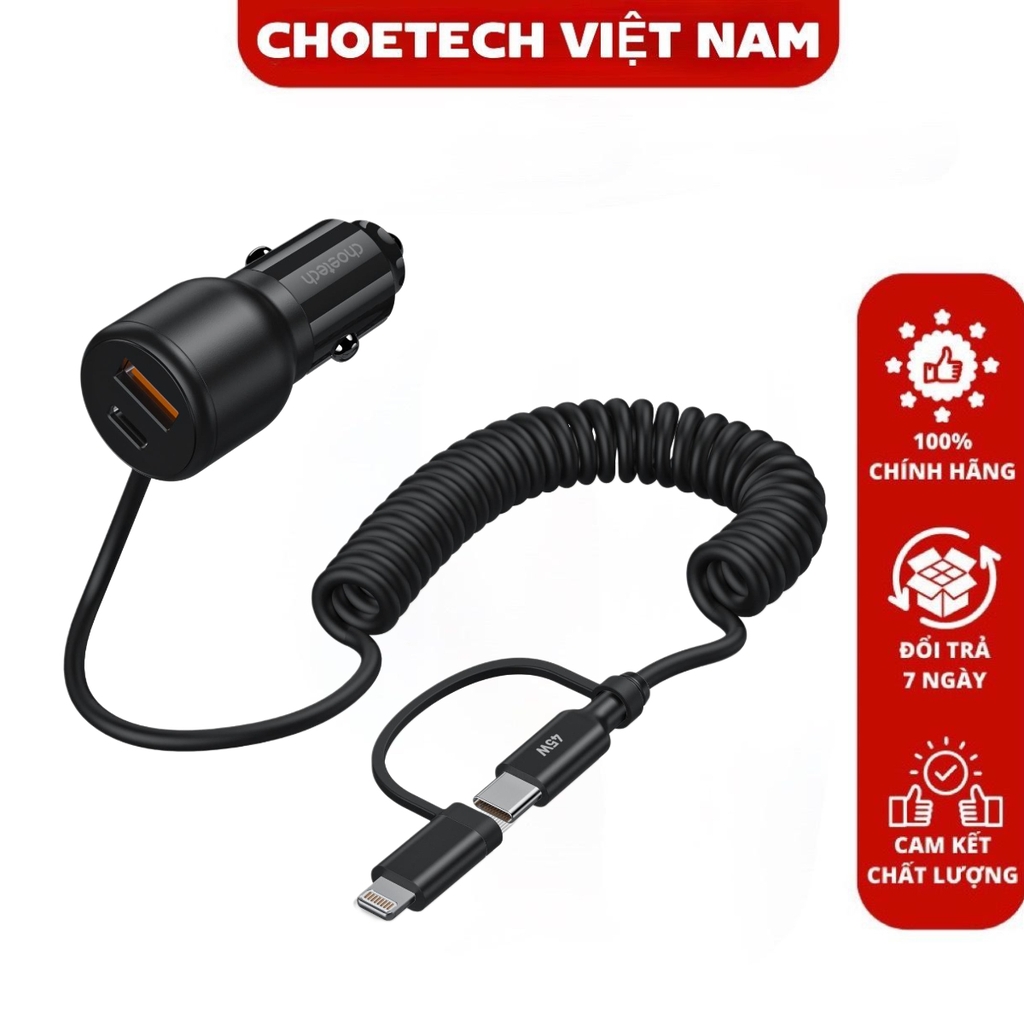 Tẩu sạc ô tô 110W Choetech TC0038 tích hợp cáp lò xo Type C kèm đầu nối Lightning dài 1.5M (Hàng chính hãng)