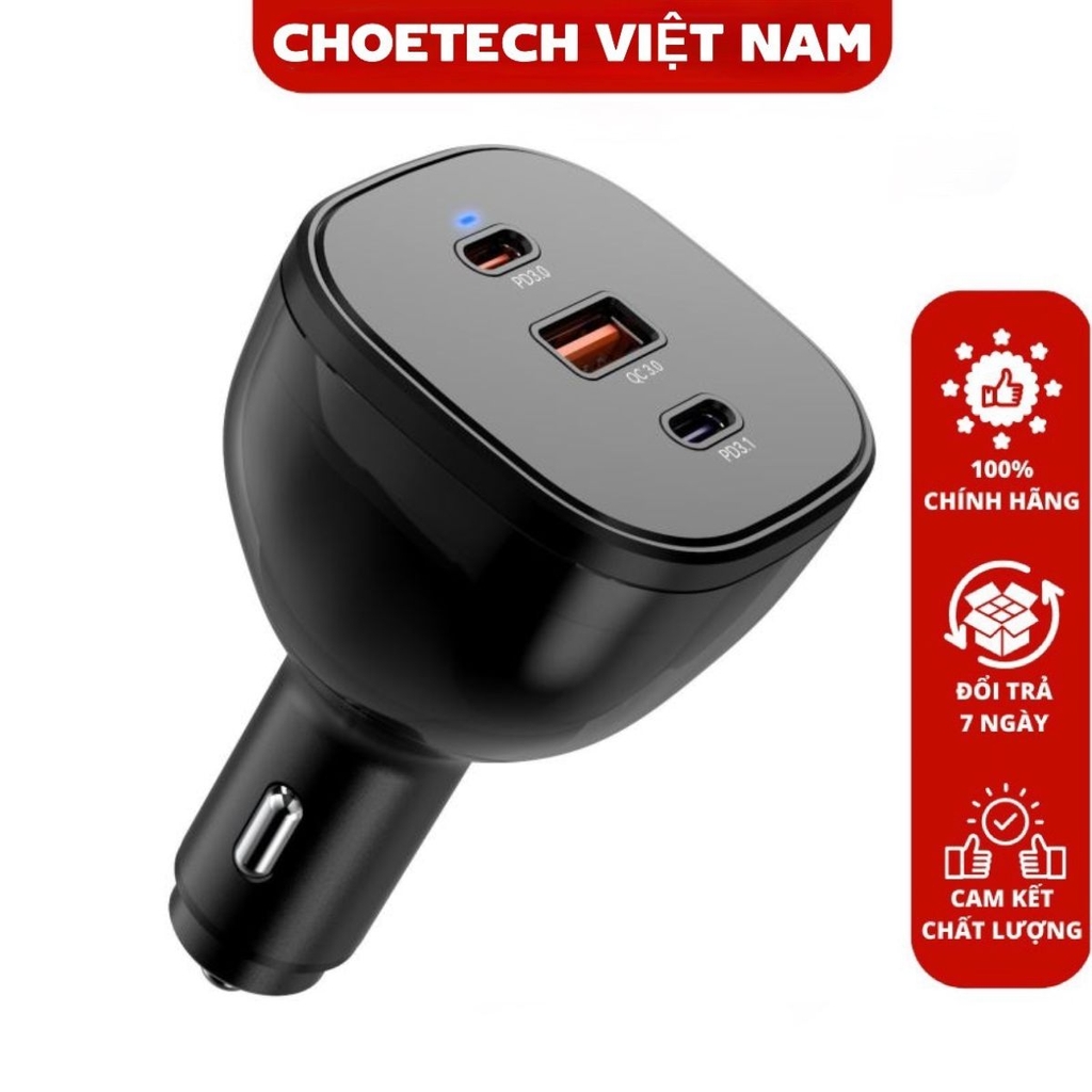 Tẩu sạc nhanh cho ô tô 165w Choetech TC0024 (2 Type-C + 1 USB A)- Hàng chính hãng