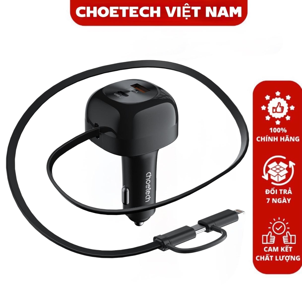 Tẩu sạc nhanh 75W dùng trên ô tô Choetech TC0036 tích hợp cáp sạc rút Type C kèm đầu nối Lightning (Hàng chính hãng)