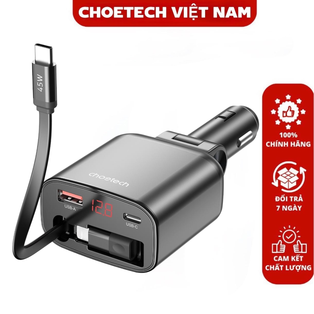 Tẩu sạc nhanh 105W dùng trên ô tô Choetech TC0033 tích hợp cáp sạc rút Type C và đầu nối Lightning có màn hình LED hiển thị thông số (Hàng chính hãng)