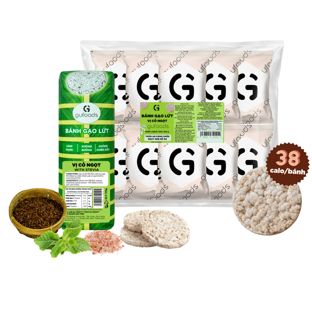 Bánh gạo lứt GUfoods vị Cỏ ngọt - Bao bì bánh tét xanh truyền thống - Không chiên dầu, Không đường, Lành mạnh, Phù hợp Eat clean, Ăn vặt healthy, Thực dưỡng, Tập gym, Thuần chay