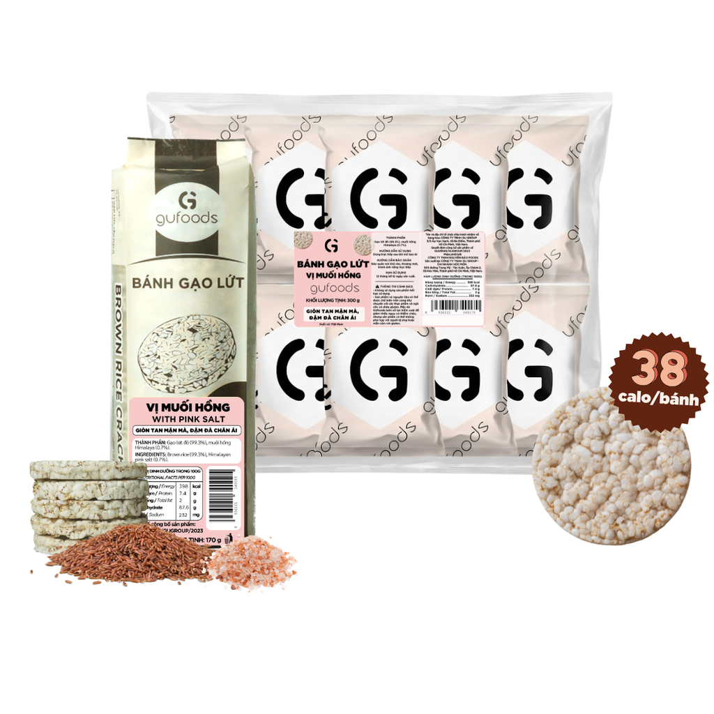 Bánh gạo lứt GUfoods vị Muối hồng -  Không chiên dầu, Không đường, Lành mạnh, Phù hợp Eat clean, Ăn vặt healthy, Thực dưỡng, Tập gym, Thuần chay
