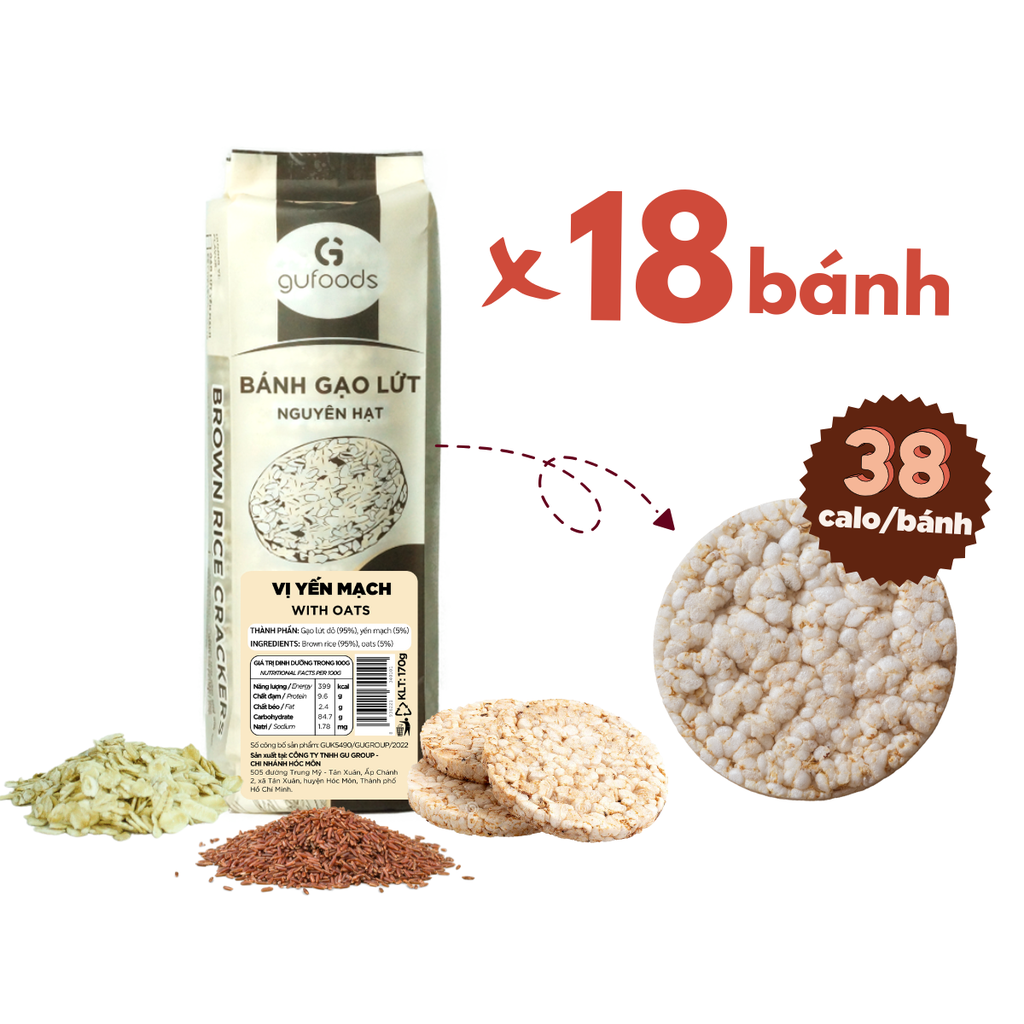 Bánh gạo lứt GUfoods vị Yến mạch - Không chiên dầu, Không đường, Lành mạnh, Phù hợp Eat clean, Ăn vặt healthy, Thực dưỡng, Tập gym, Thuần chay