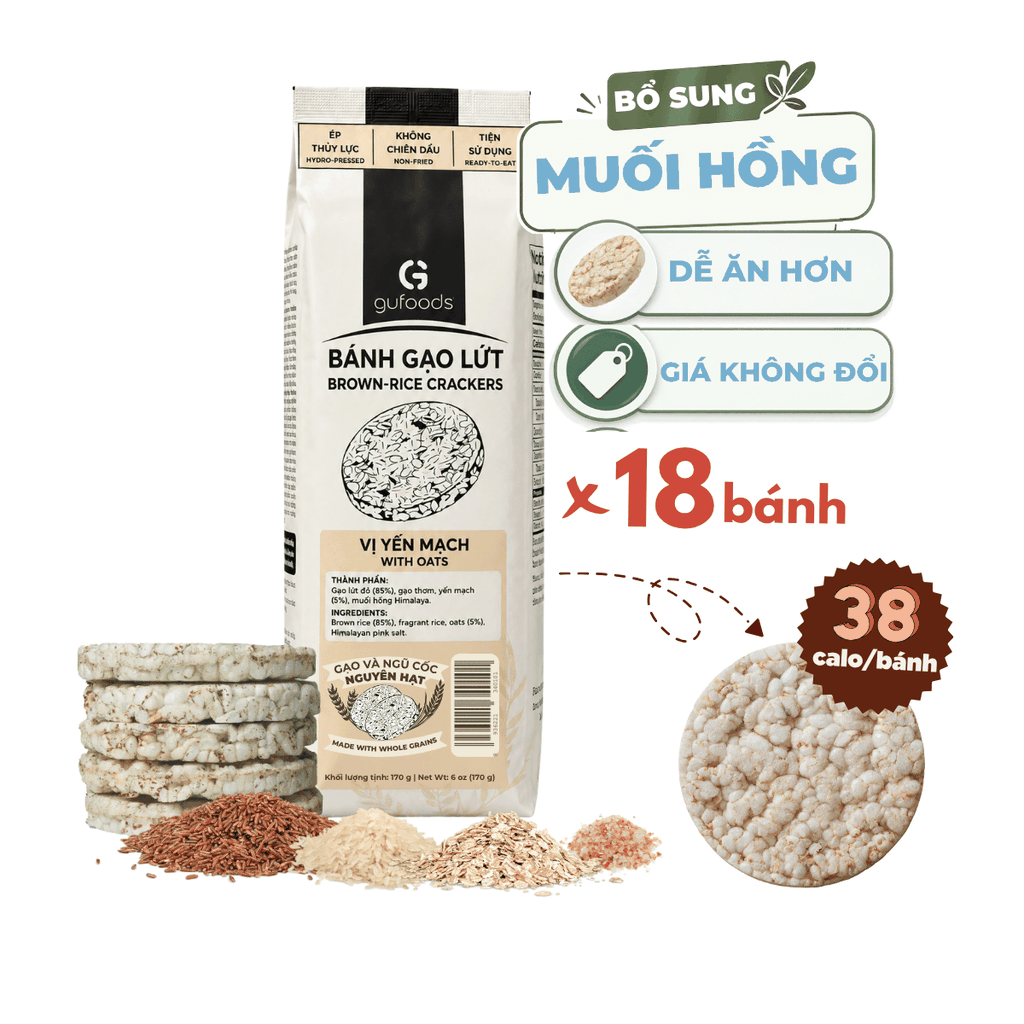 [BỔ SUNG MUỐI HỒNG] Bánh gạo lứt GUfoods vị Yến mạch - Thơm bùi tự nhiên, Giàu chất xơ, Không chiên dầu, Không đường, Lành mạnh, Phù hợp Eat clean, Tập gym, Ăn vặt healthy, Thực dưỡng, Thuần chay