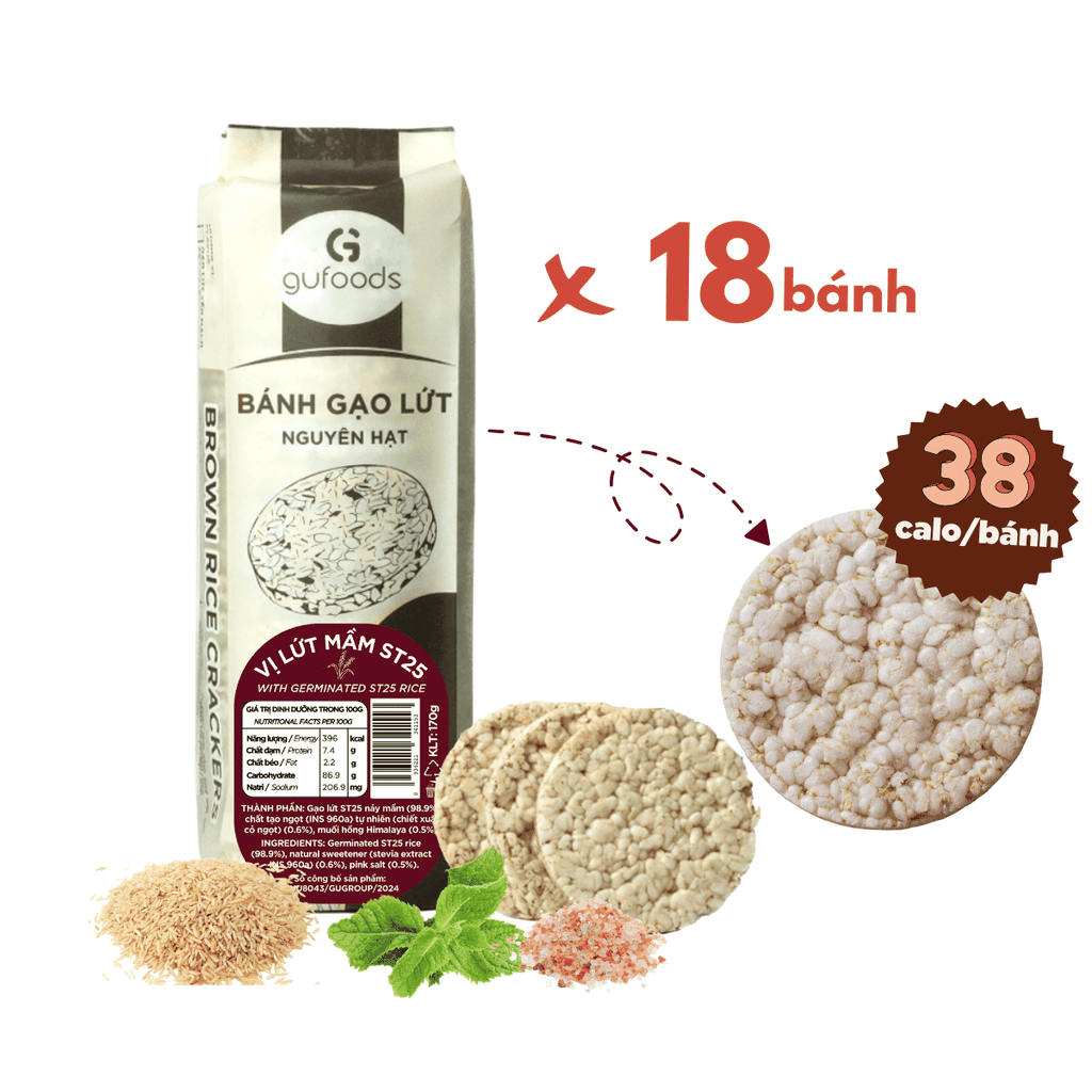 Bánh gạo lứt mầm ST25 GUfoods - Giàu chất xơ và GABA tự nhiên, Không chiên dầu, Không đường, Lành mạnh, Phù hợp Eat clean, Ăn vặt healthy, Thực dưỡng, Tập Gym, Thuần chay