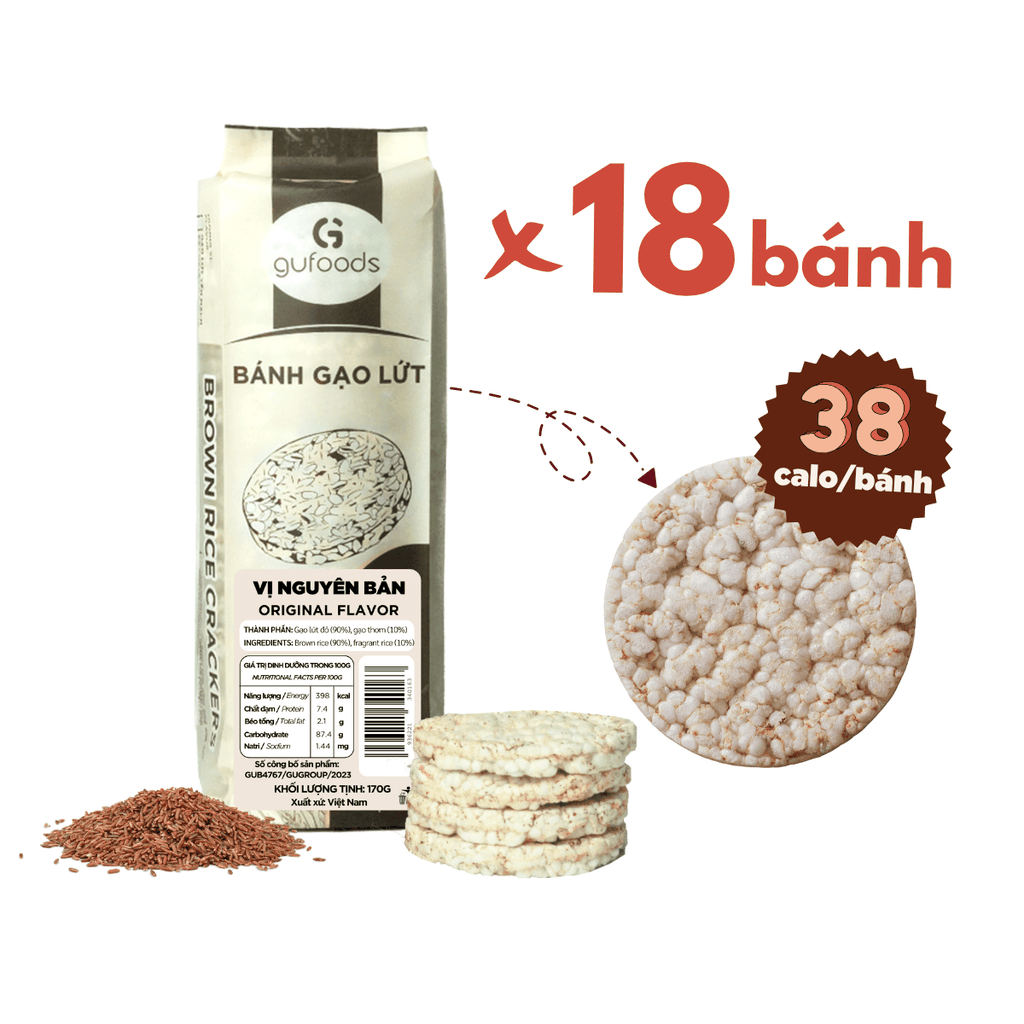 Bánh gạo lứt GUfoods vị Nguyên bản - Không chiên dầu, Không đường, Lành mạnh, Phù hợp Eat clean, Ăn vặt healthy, Thực dưỡng, Tập gym, Thuần chay