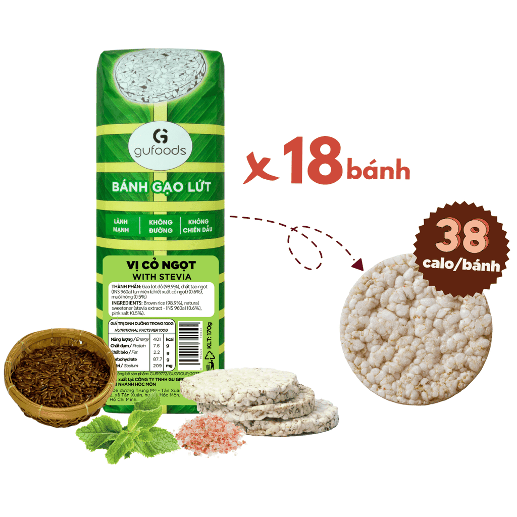Bánh gạo lứt GUfoods vị Cỏ ngọt - Bao bì bánh tét xanh truyền thống - Không chiên dầu, Không đường, Lành mạnh, Phù hợp Eat clean, Ăn vặt healthy, Thực dưỡng, Tập gym, Thuần chay