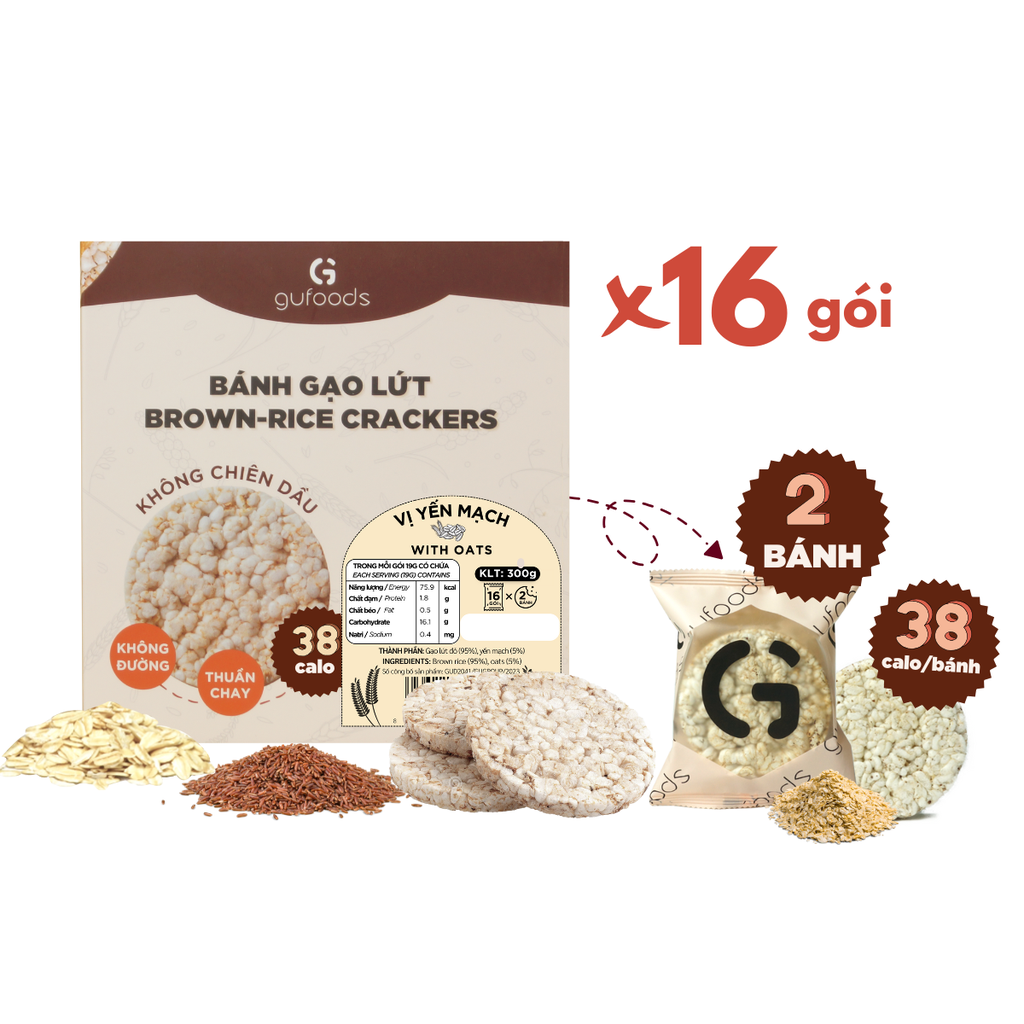 Bánh gạo lứt GUfoods vị Yến mạch - Không chiên dầu, Không đường, Lành mạnh, Phù hợp Eat clean, Ăn vặt healthy, Thực dưỡng, Tập gym, Thuần chay