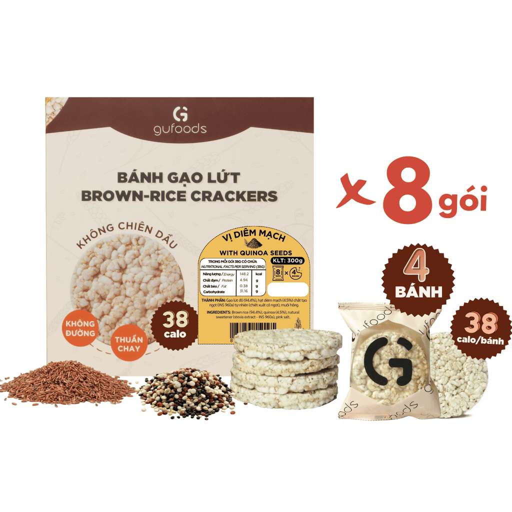 Bánh gạo lứt GUfoods vị Diêm mạch - Không chiên dầu, Không đường, Lành mạnh, Phù hợp Eat clean, Ăn vặt healthy, Thực dưỡng, Tập gym, Thuần chay