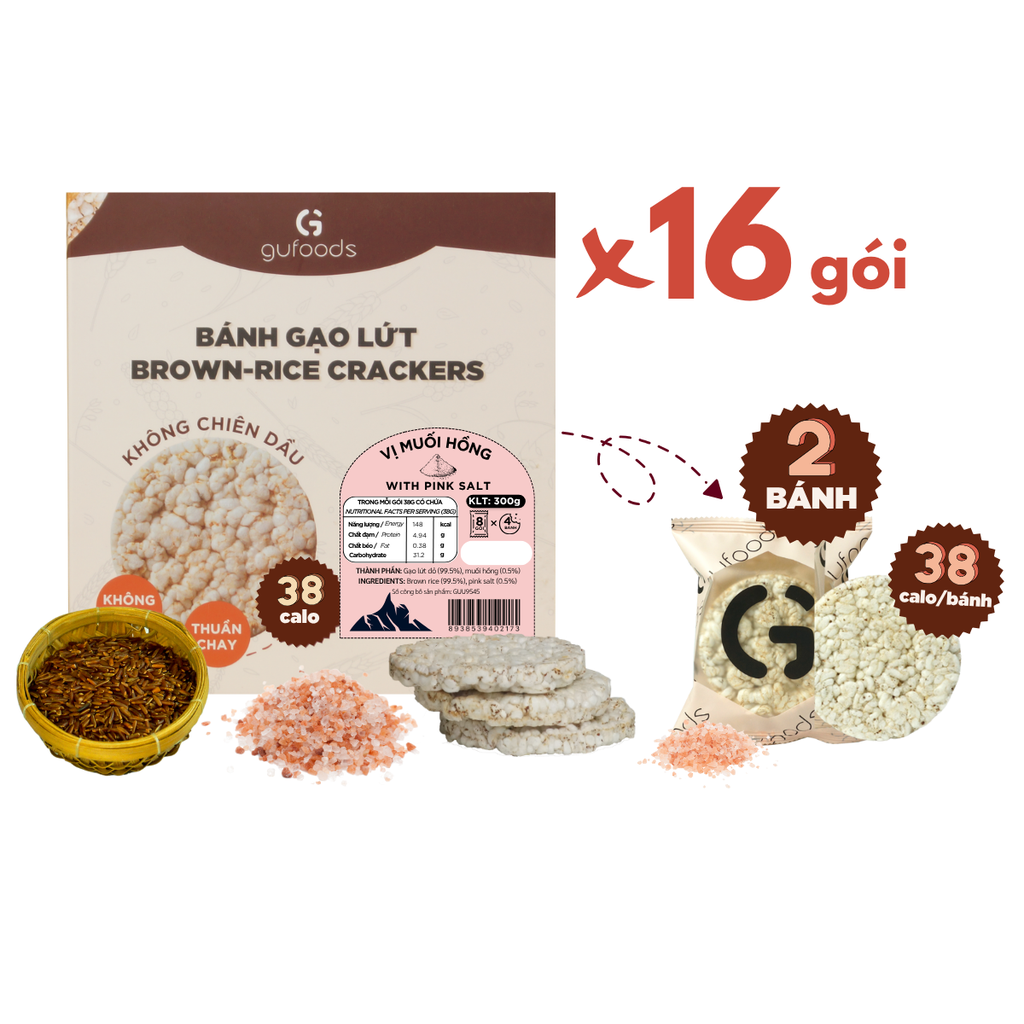 Bánh gạo lứt GUfoods vị Muối hồng -  Không chiên dầu, Không đường, Lành mạnh, Phù hợp Eat clean, Ăn vặt healthy, Thực dưỡng, Tập gym, Thuần chay