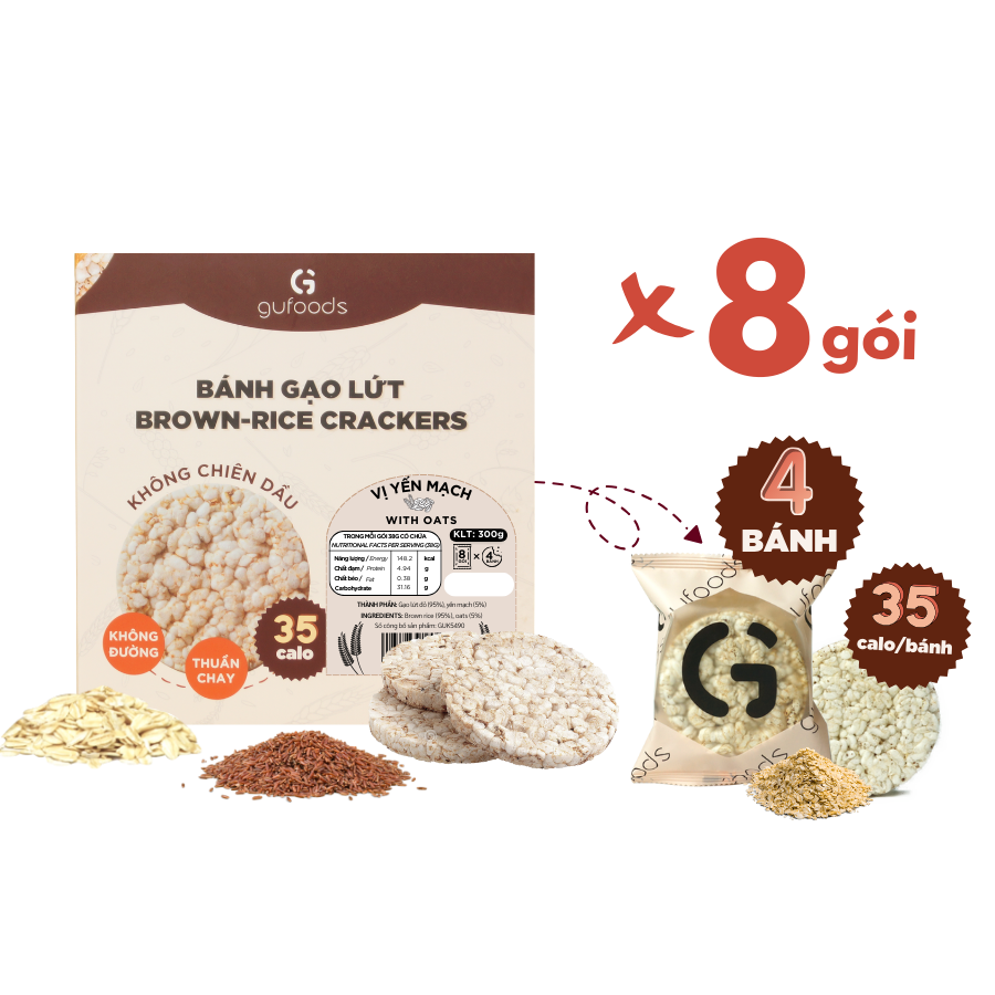 Bánh gạo lứt ăn kiêng GUfoods - Vị yến mạch - Tập gym, giảm cân, thực dưỡng, eat clean