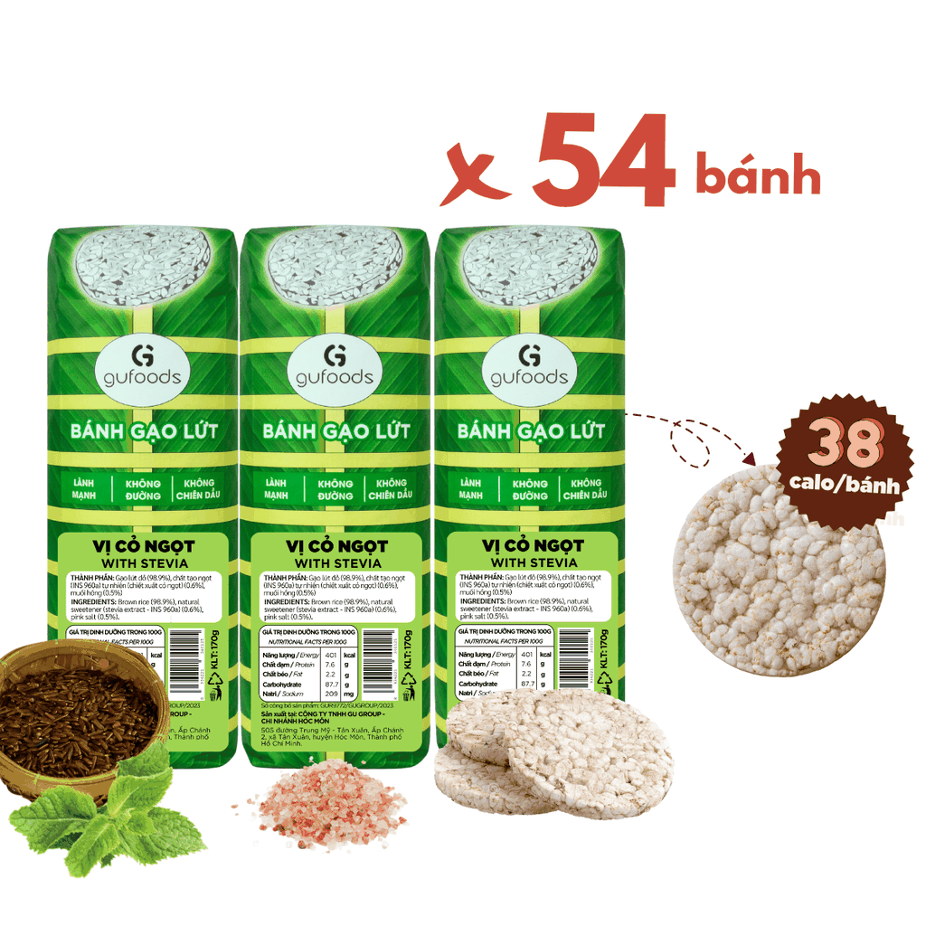 Bánh gạo lứt GUfoods vị Cỏ ngọt - Bao bì bánh tét xanh truyền thống - Không chiên dầu, Không đường, Lành mạnh, Phù hợp Eat clean, Ăn vặt healthy, Thực dưỡng, Tập gym, Thuần chay