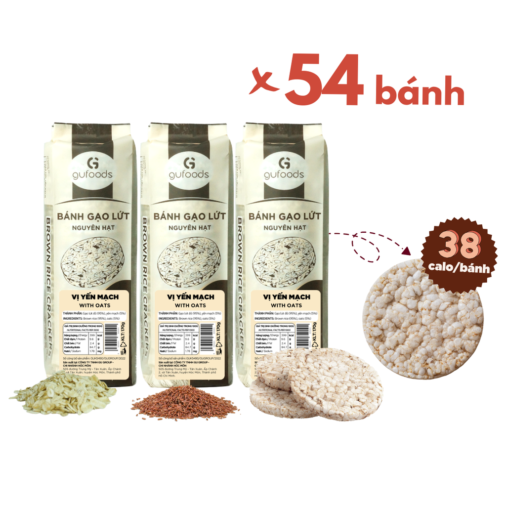 Bánh gạo lứt GUfoods vị Yến mạch - Không chiên dầu, Không đường, Lành mạnh, Phù hợp Eat clean, Ăn vặt healthy, Thực dưỡng, Tập gym, Thuần chay