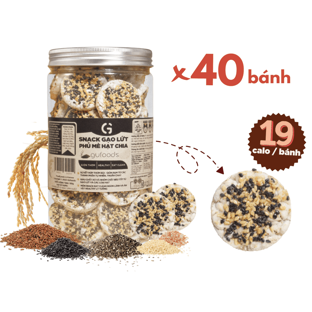 Snack gạo lứt phủ mè hạt chia GUfoods (Hũ 150g) - Topping béo bùi giòn rụm, Tiện lợi, Giàu chất xơ, Eat clean, Thuần chay