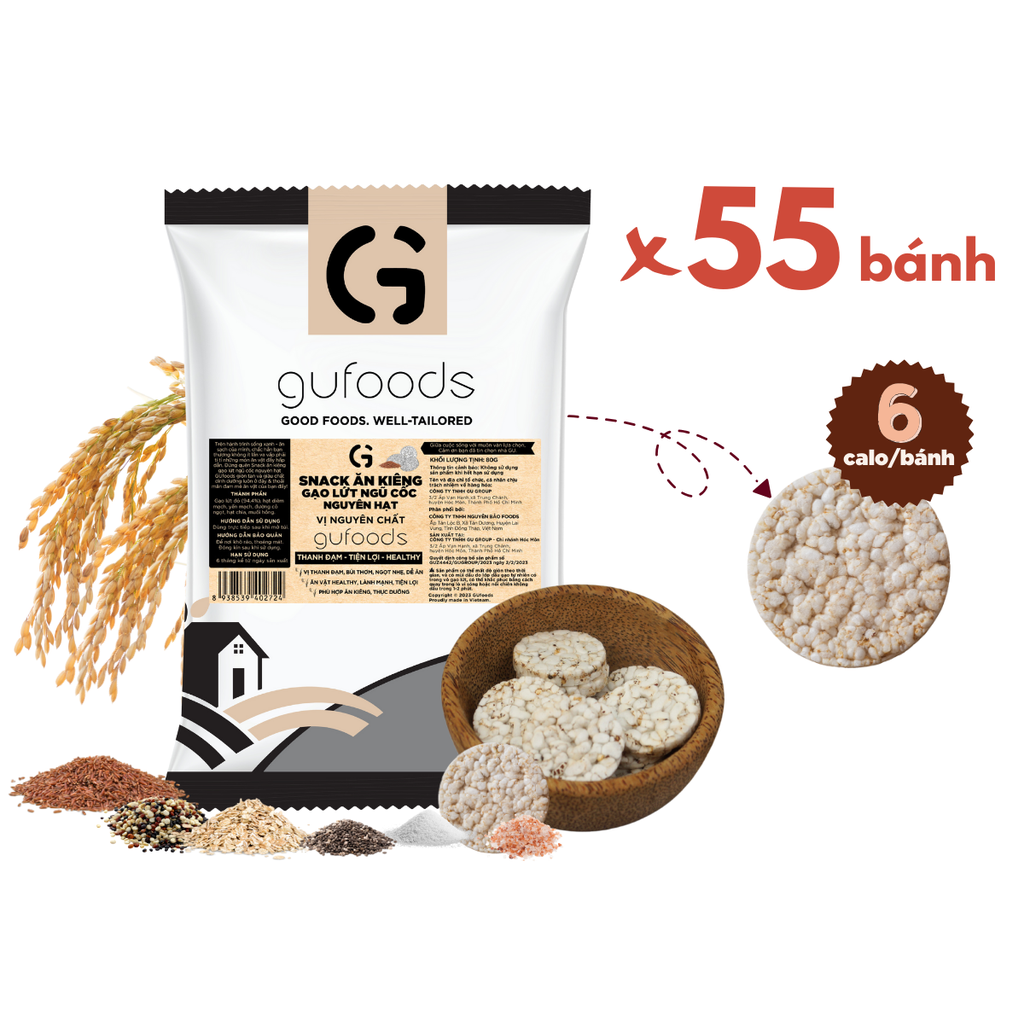 Snack gạo lứt ngũ cốc nguyên hạt GUfoods - Không đường, Không chiên dầu, Thanh đạm, Lành mạnh, Phù hợp Eat clean, Ăn vặt healthy, Tiện lợi, Thuần chay