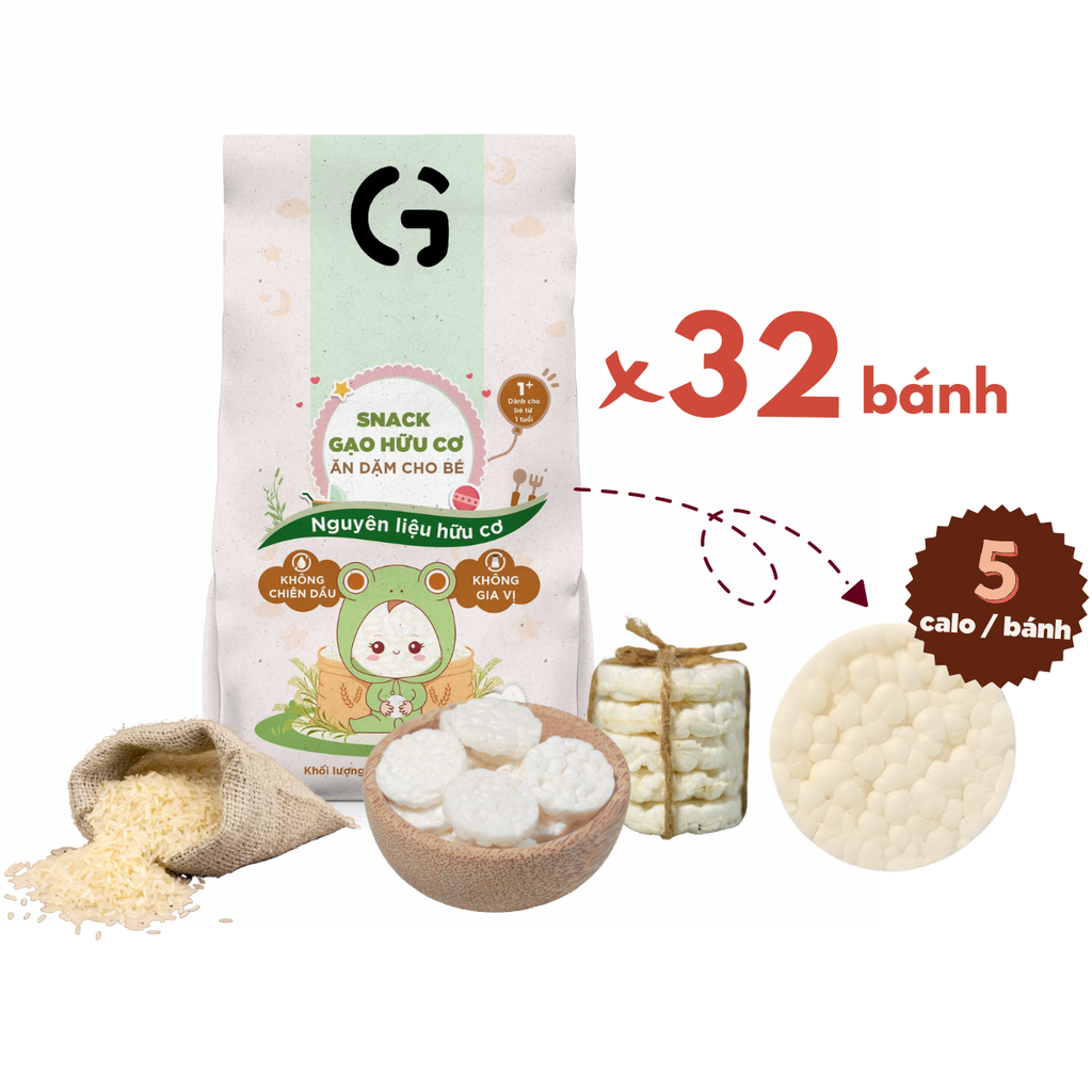 Bánh snack ăn dặm hữu cơ cho bé GUfoods - Thành phần gạo organic, Không gia vị, Dễ Tiêu hoá, Phù hợp cho bé từ 1 tuổi