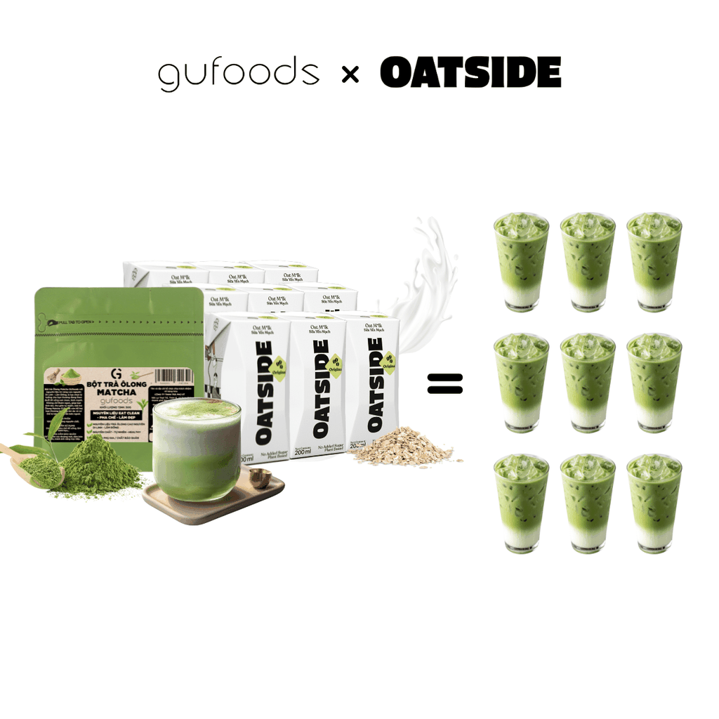 Combo pha chế Matcha latte từ OATSIDE - Pha được 9 ly thành phẩm - Gồm 9 Hộp OATSIDE 200ml + Gói 50g Bột Matcha trà Ôlong GUfoods