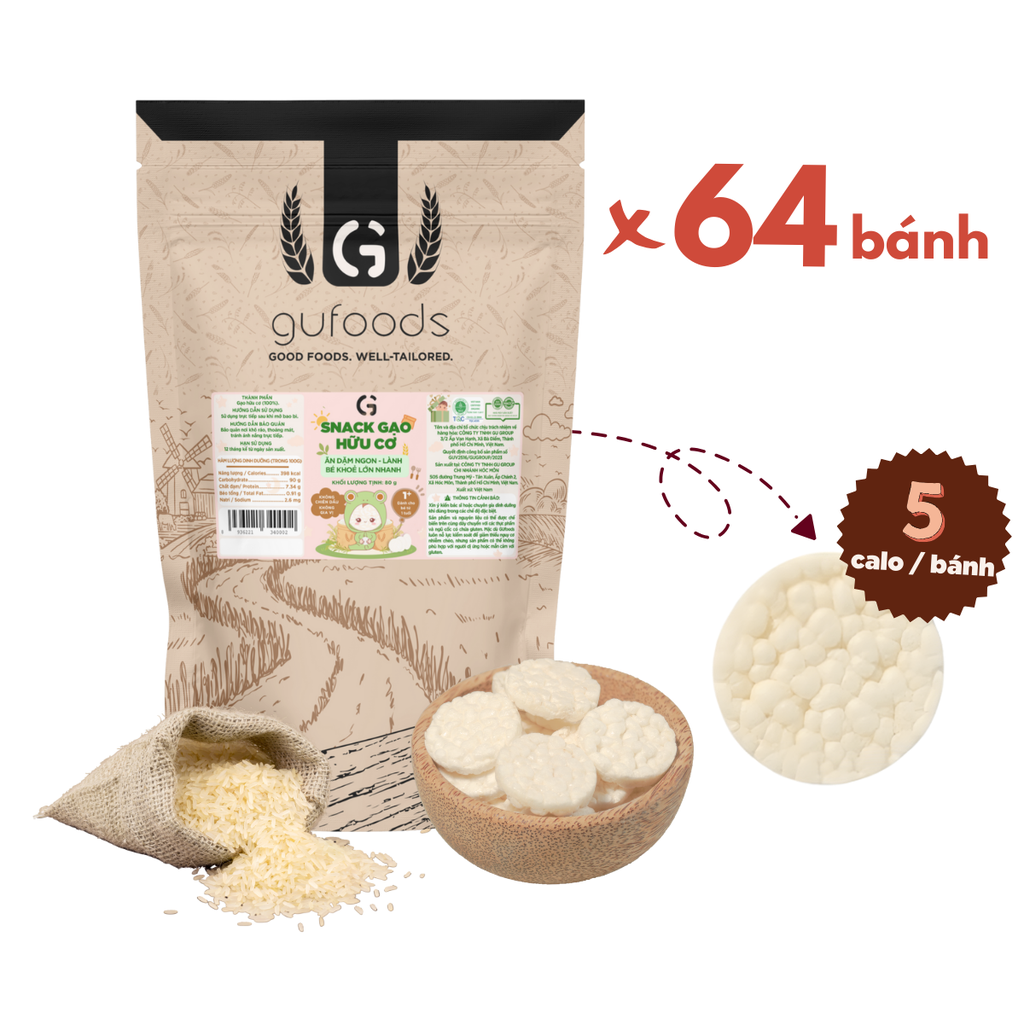 Bánh snack ăn dặm hữu cơ cho bé GUfoods - Thành phần gạo organic, Không gia vị, Dễ Tiêu hoá, Phù hợp cho bé từ 1 tuổi