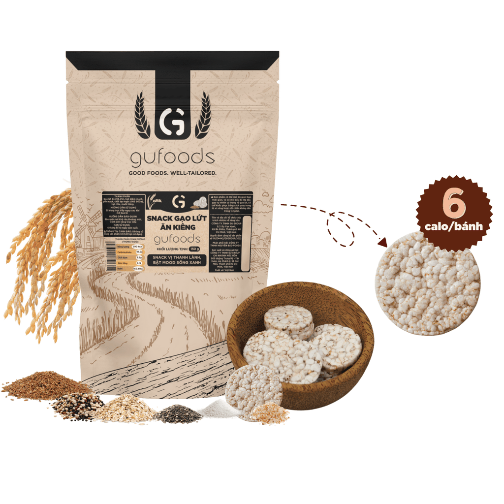 Snack gạo lứt ngũ cốc nguyên hạt GUfoods - Không đường, Không chiên dầu, Thanh đạm, Lành mạnh, Phù hợp Eat clean, Ăn vặt healthy, Tiện lợi, Thuần chay