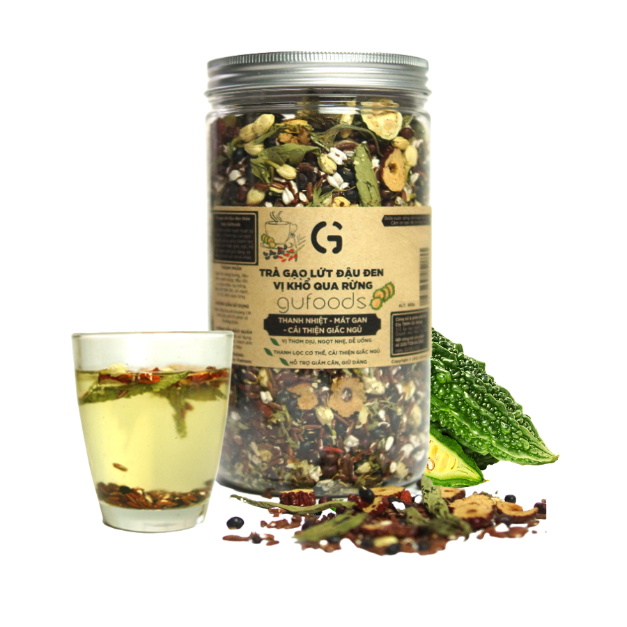 Trà gạo lứt đậu đen GUfoods vị Khổ qua rừng (Mướp đắng rừng) (hũ 500g) - Hương vị độc đáo, Giải nhiệt hiệu quả, Healthy, Eat clean