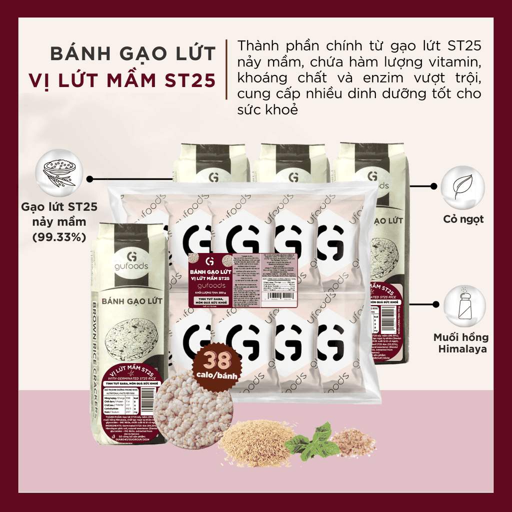 Bánh gạo lứt mầm ST25 GUfoods - Giàu chất xơ và GABA tự nhiên, Không chiên dầu, Không đường, Lành mạnh, Phù hợp Eat clean, Ăn vặt healthy, Thực dưỡng, Tập Gym, Thuần chay
