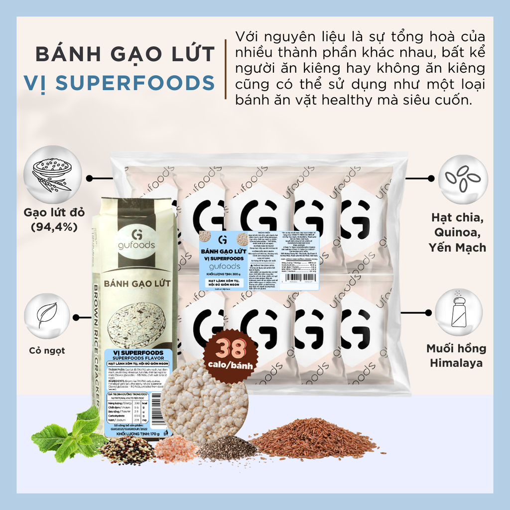 Bánh gạo lứt GUfoods vị Superfoods - Không chiên dầu, Không đường, Từ gạo và ngũ cốc nguyên hạt, Lành mạnh, Phù hợp Eat clean, Ăn vặt healthy, Thực dưỡng, Tập gym, Thuần chay