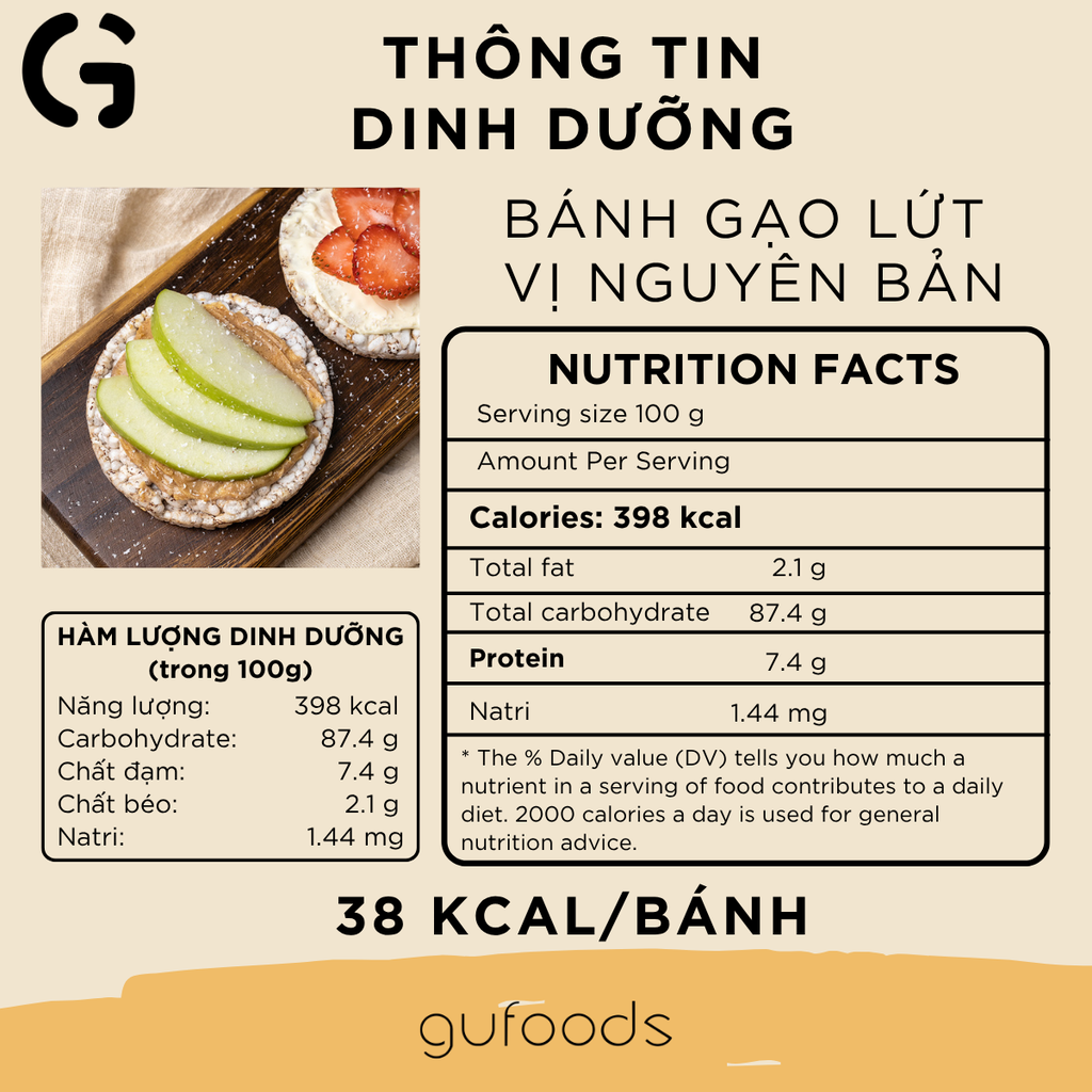 Bánh gạo lứt GUfoods vị Nguyên bản - Không chiên dầu, Không đường, Lành mạnh, Phù hợp Eat clean, Ăn vặt healthy, Thực dưỡng, Tập gym, Thuần chay