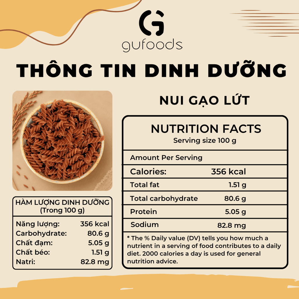 Nui gạo lứt GUfoods - Dai ngon tự nhiên, Healthy, Eat clean, Thực dưỡng, Lành mạnh, Thuần chay (túi zip 400g)