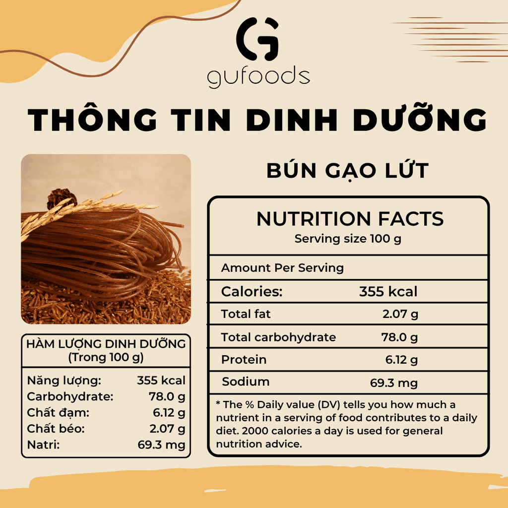 Bún gạo lứt GUfoods - Dai ngon tự nhiên, Healthy, Eat clean, Thực dưỡng, Lành mạnh, Thuần chay (túi zip 400g)
