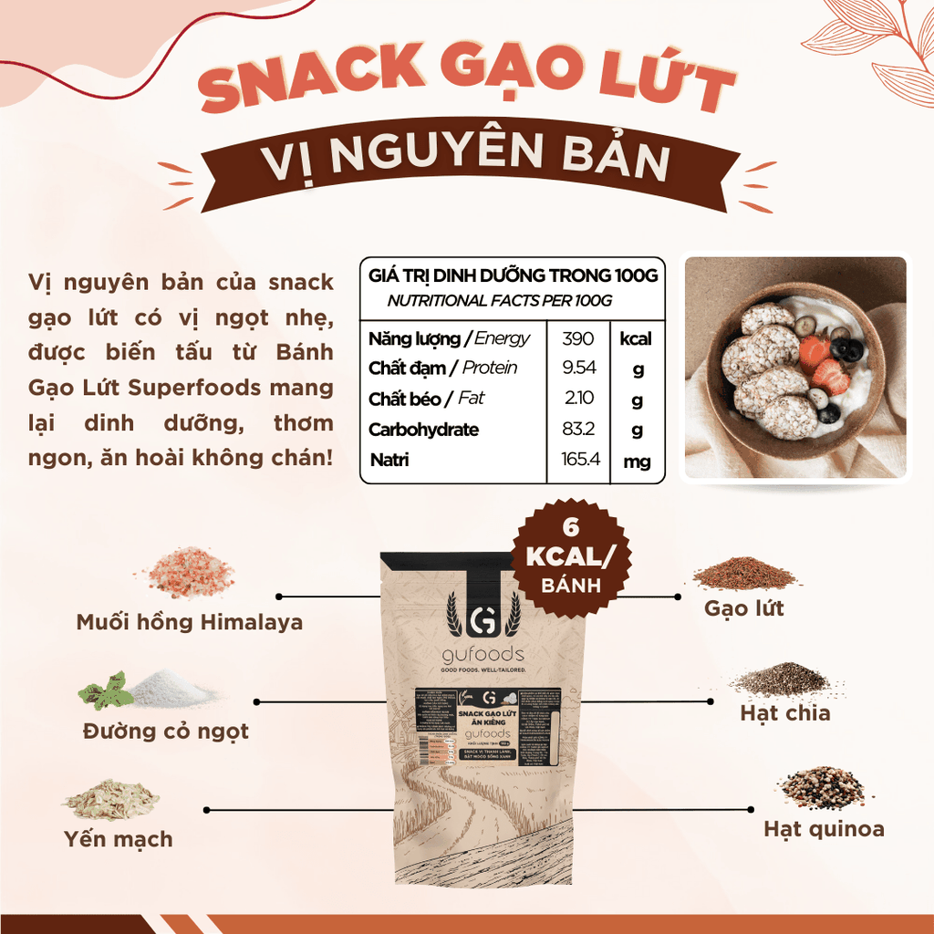 Snack gạo lứt ngũ cốc nguyên hạt GUfoods - Không đường, Không chiên dầu, Thanh đạm, Lành mạnh, Phù hợp Eat clean, Ăn vặt healthy, Tiện lợi, Thuần chay