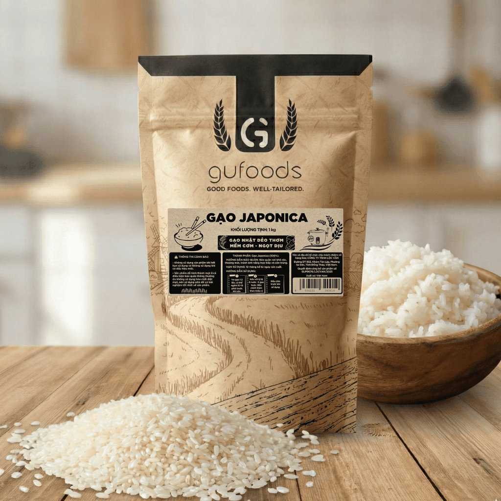Gạo hữu cơ Japonica GUfoods (túi 1kg) - Ăn dặm cho bé, Làm sushi / cơm cuộn, Dẻo ngọt ngon cơm, Nguyên liệu organic