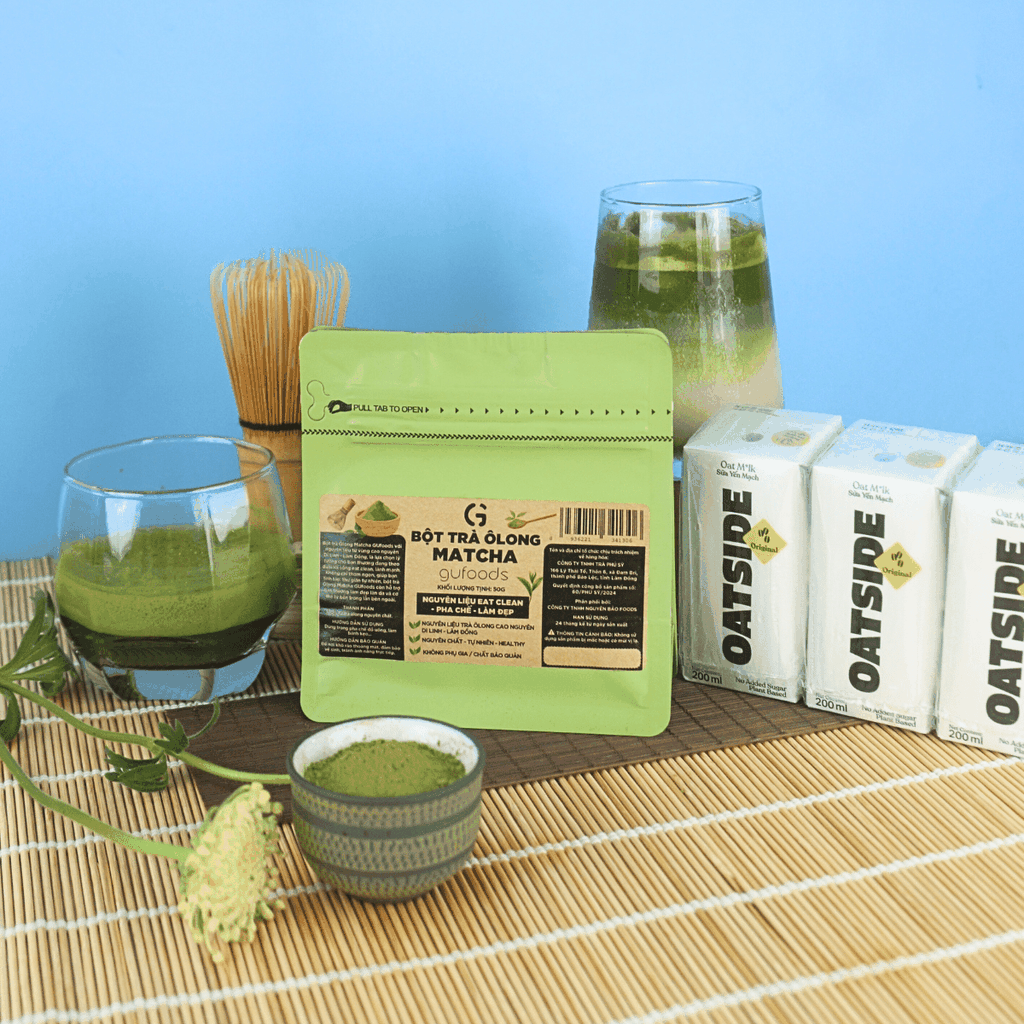 Combo pha chế Matcha latte từ OATSIDE - Pha được 9 ly thành phẩm - Gồm 9 Hộp OATSIDE 200ml + Gói 50g Bột Matcha trà Ôlong GUfoods