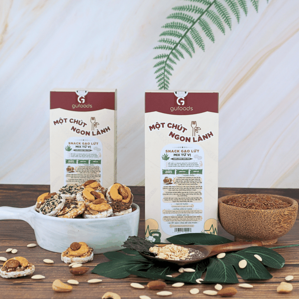 Snack gạo lứt healthy mix tứ vị GUfoods - Hội tụ 4 vị snack ngon, Nạp nhanh năng lượng, Tiện lợi, Eat clean, Thuần chay
