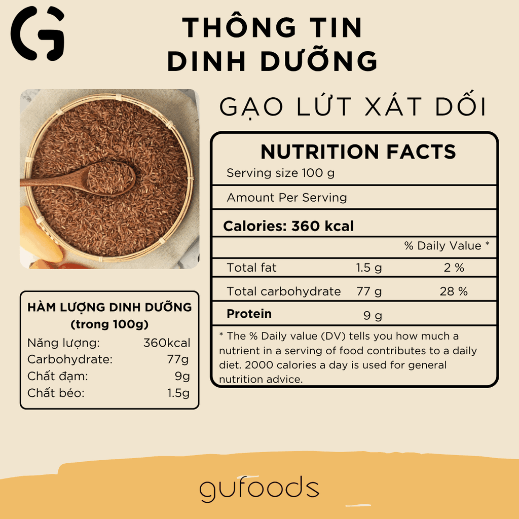 Gạo lứt đỏ GUfoods (túi 1kg) - Xát dối, Mềm xốp ngon cơm, Healthy, Thực dưỡng, Eat clean