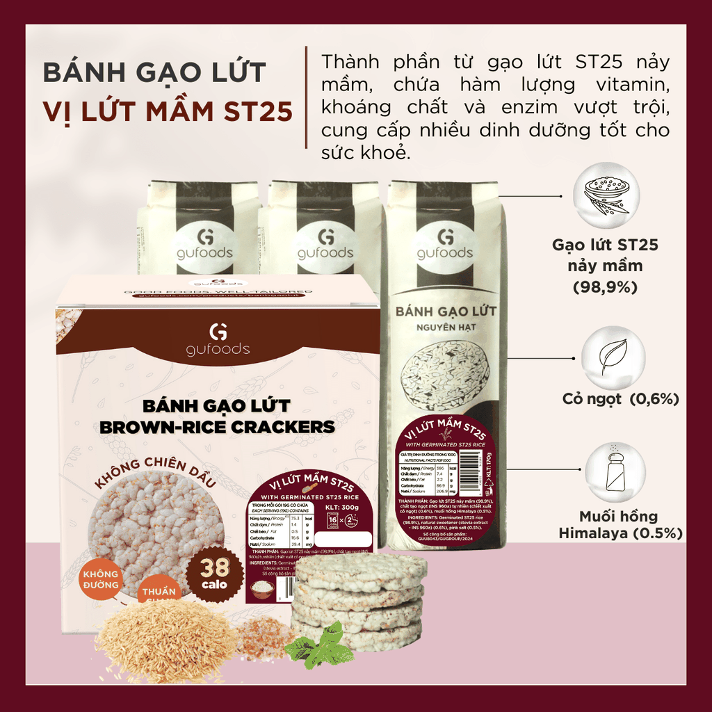 Bánh gạo lứt mầm ST25 GUfoods - Giàu chất xơ và GABA tự nhiên, Không chiên dầu, Không đường, Lành mạnh, Phù hợp Eat clean, Ăn vặt healthy, Thực dưỡng, Tập Gym, Thuần chay